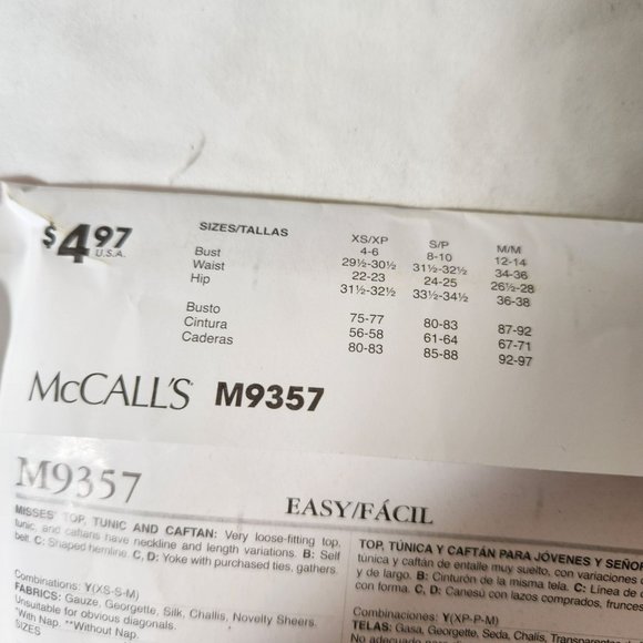 Easy Stitch N Save McCalls Pattern M9357 Caftan, Tunic, Peasant blouse, midi dre - Picture 7 of 9